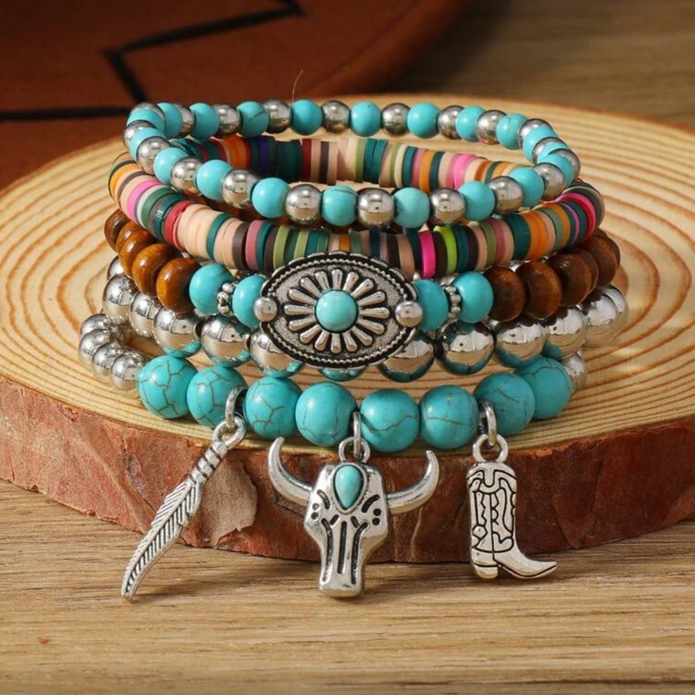 Bohemian Western Turquoise and Silver Charm Stacking Bracelet Set